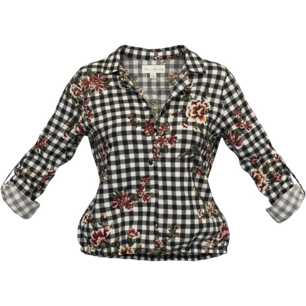 French Laundry Floral Gingham Roll Tab Sleeve Drawstring Hem Top Black White M